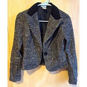 Vintage Womens S Cropped Herringbone Tweed Blazer Velvet Collar Elbow Patches